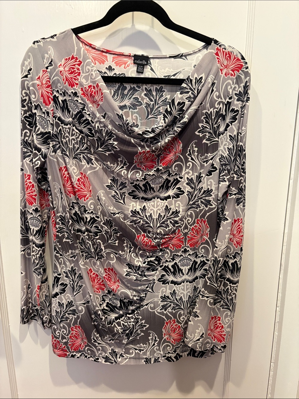 Rafaella Gray Floral Cowl-Neck Blouse with Red & Black Floral Print BN103